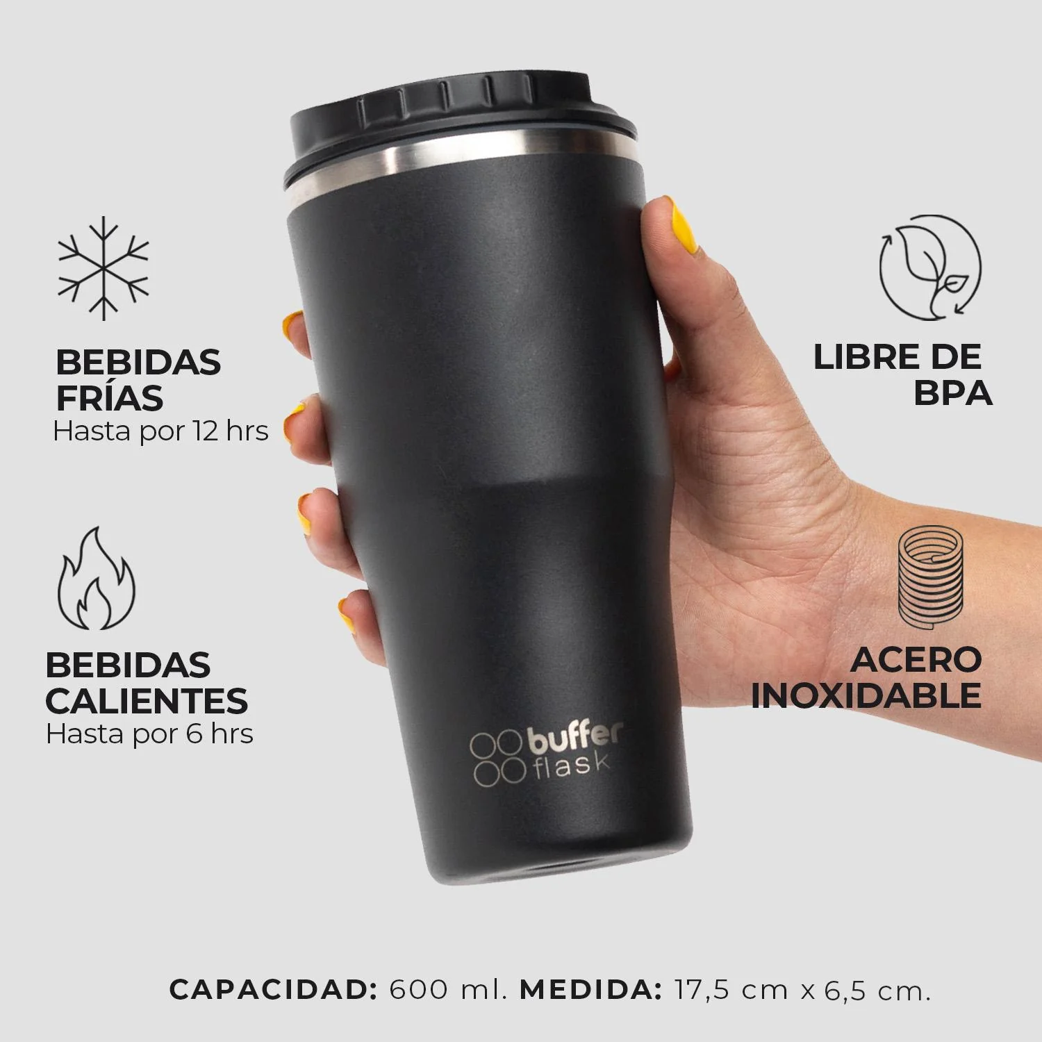 Mug Vaso Termo para Agua Cafe 600 ml Buffer Acero Inox +Tapas - Imagen 3