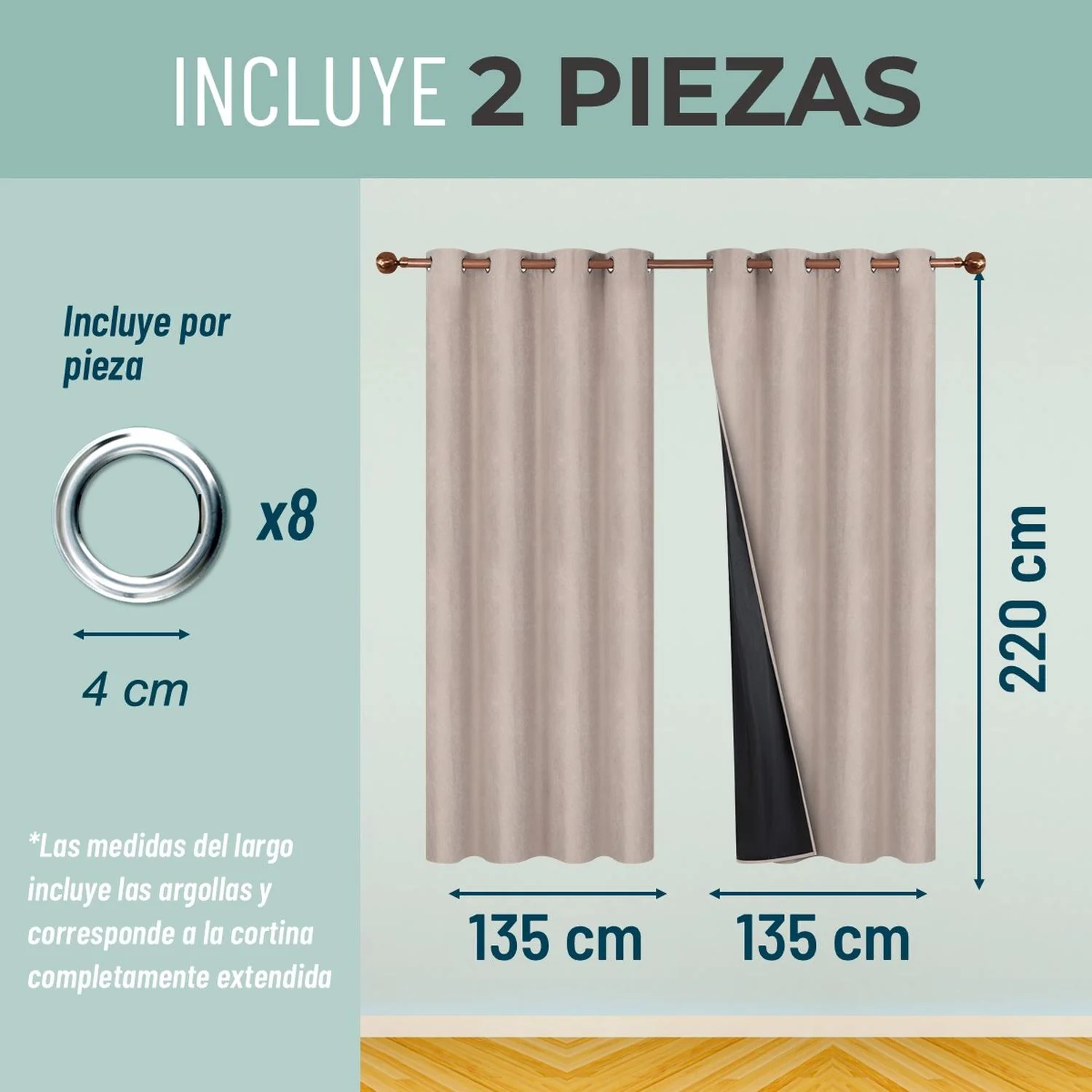 Cortina Blackout 100% 135x220cm Tipo Gamuza Casatua Set de 2 - Imagen 3